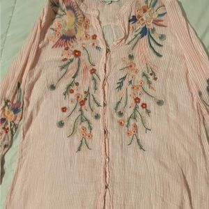 Johnny Was Pink KUREN VOYAGER TUNIC Top Size Medium Pin Stripe